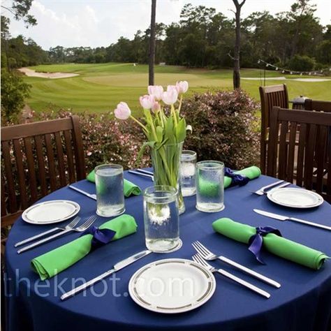 Navy Reception Tables Blue And Green Graduation Party, Royal Blue Table Setting, Wedding Blue Table, Navy Tablecloth, Green Graduation Party, Wedding Table Ideas, Renew Vows, Navy Table, Wedding Boards