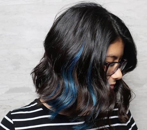 Hidden Highlights Blue Colour Hair Highlights, Black Hair With Pop Of Color, Dark Hair With Pop Of Color, Pop Of Color In Hair, Pops Of Color Hair, Pop Of Color Hair, Blue Peekaboo Highlights, Hidden Highlights, Blue And Black Hair