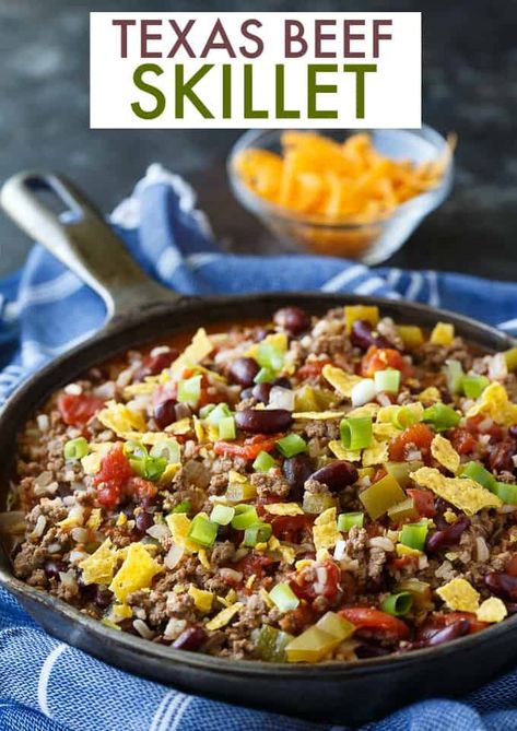 Texas Beef Skillet Recipe {Easy One-Pan Meal!} - Simply Stacie Texas Beef Skillet, Texas Beef Skillet Recipe, Ground Beef Taco Skillet Recipes, Ground Beef Taco Skillet, Southwest Beef Skillet, Tex Mex Skillet, Texas Beef, Holiday Meal Planning, Slow Cooker Beef Stroganoff