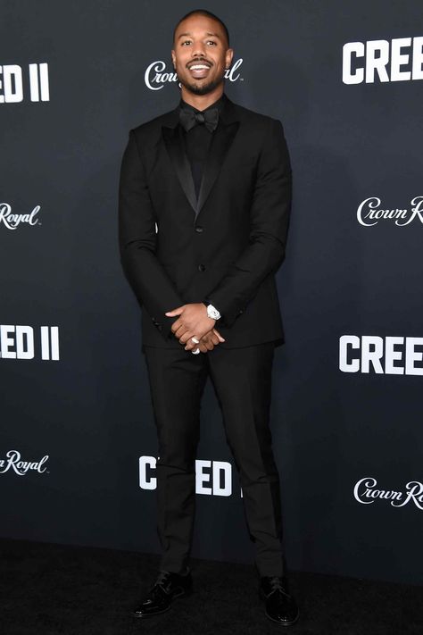 WHAT Givenchy WHERE At the premiere of Creed II in New York WHEN November 14 2018 WHY Nothing wrong with all black... All Black Tux, Guys Prom Outfit, Black Prom Suits, Boy Prom Outfit, Prom Outfits For Guys, All Black Suit, Prom For Guys, Prom Suits For Men, Black Outfit Men