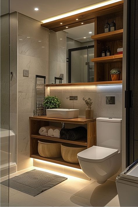 Loft Bathroom Small, Small Bathroom With Window Ideas, Moodboard Bathroom Inspiration, Basement Full Bathroom Ideas, Small Square Bathroom Ideas, Washroom Storage Ideas, Toilet Modern Design, Small Bathrooms Designs, Small Modern Bathroom Design