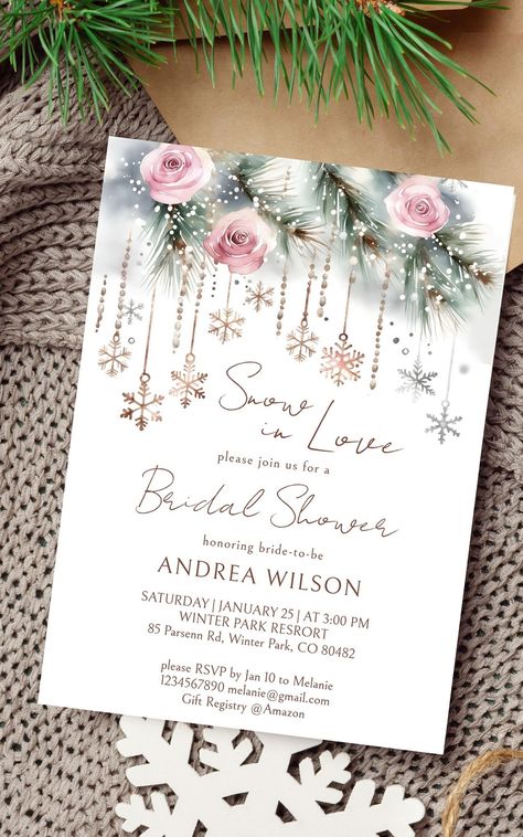 Snow in love winter bridal shower editable template invitation digital download watercolor pines Elegant Winter Wedding Invitations, Pastel Invitation, Snow In Love, Winter Bridal Shower Invitations, Winter Shower, Winter Bridal Showers, Crystal Garland, Wedding Tableware, Winter Wonderland Baby Shower