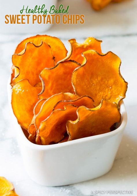 Baked Sweet Potato Chips Recipe - This simple 3-ingredient recipe makes a fabulous healthy snack & side dish. Learn how to make sweet potato chips at home! #ASpicyPerspective #healthy #chips #sweetpotato #snacks #bakedchips Potato Chips Recipe, Sweet Potato Chips Recipe, Sweet Potato Chips Baked, A Spicy Perspective, Breakfast Low Carb, 3 Ingredient Recipes, Slider Buns, Sweet Potato Chips, Healthy Recipe Videos