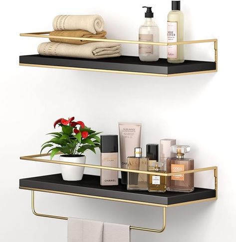 Amazon.com: Shario Black Floating Shelves - Set of 2, Wall Mounted Hanging Shelves with Golden Towel Rack, Decorative Storage Shelves for Bathroom, Kitchen, Living Room & Bedroom (Black) : Home & Kitchen Shelves For Bathroom, Black Floating Shelves, Bedroom Black, Hanging Shelves, Bathroom Shelves, Kitchen Living Room, Decorative Storage, Kitchen Living, Towel Rack