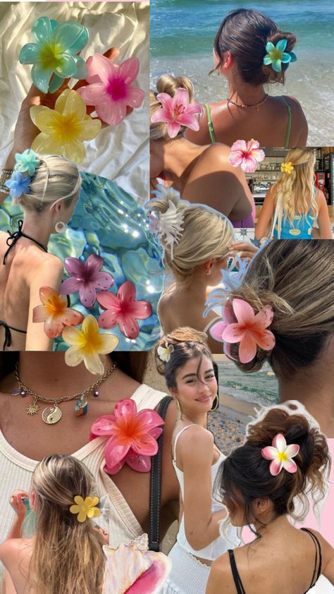 Summer vibes , flower hairclips, summer aesthethic Beach Photo Inspiration, Cute Summer Wallpapers, Girls Vacation, Hair Claw Clips, Hawaiian Flowers, Foto Ideas Instagram, Claw Clips, Summer Wallpaper, Flower Clip