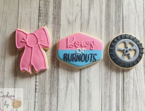 Burnouts Or Bows Gender Reveal Cookies, Trucks Or Bows Gender Reveal, Garage Gender Reveal, Gender Reveal Truck, Truck Themed Gender Reveal, Gender Reveal Ideas Cars, Burnouts Or Bows Gender Reveal Food, Gender Reveal Ideas Burnouts Or Bows, Gender Reveal Burnout Party Ideas