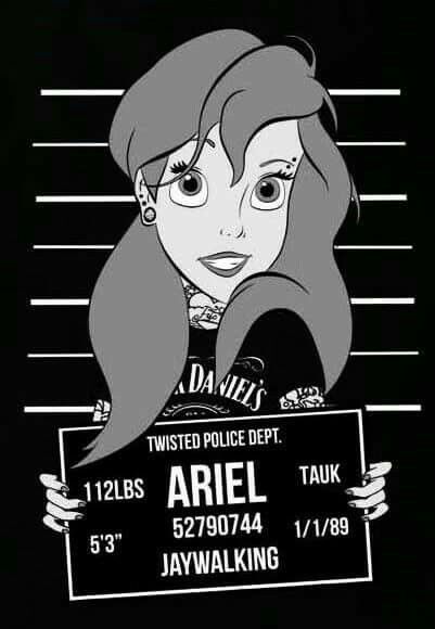 Ariel's in jail Punk Disney Princess, Bad Princess, Disney Pin Up, Goth Disney, Punk Disney Princesses, Disney Princess Tattoo, Punk Disney, Princess Tattoo, Mug Shot