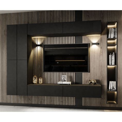 Consisting of four cupboards with a width of 175cm, the wall unit offers plenty of storage space to organize your things. And thanks to the push-open system, you have easy access to the inside of the cabinets. The lower flaps open downwards and allow easy access to the stored items, the upper flaps point upwards and create space for decorations or practical everyday objects, while the side flaps can be opened both to the left and to the right, giving you flexibility in terms of access and interi Matt Black Interior Design, Tv Wall Design Open Space, Media Unit Kitchen, Large Tv On Wall Ideas Living Room, Mid Century Modern Media Wall, Media Room Cabinets, Lowers Design For Wall, Tv Furniture Design Modern Tv Walls, Tv Unit Design With Storage