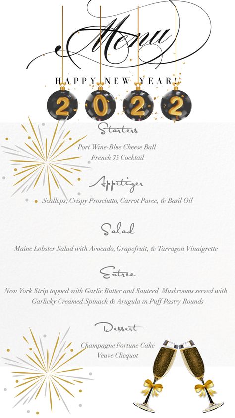 New Year's Eve Dinner Menu New Year Eve Menu Ideas, New Years Eve Menu Ideas Dinners, New Year’s Eve Dinner Party, New Year Menu Ideas, New Years Menu Ideas, New Year Menu Design, Menu Nouvel An, New Year Home Decor Ideas, New Years Day Menu