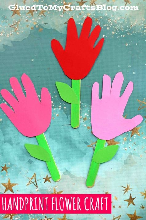 Popsicle Stick Handprint Flowers - Kid Craft Idea For Spring Handprint Flower, Hand Print Flowers, Lego Character, Flower Crafts Kids, Ladybug Crafts, Flower Gift Ideas, Spring Crafts For Kids, Handprint Craft, Kid Craft