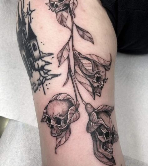 Persephone Skull Tattoo, Skull Vines Tattoo, Spooky Plant Tattoo, Necromancy Tattoo, Skull Plant Tattoo, Goth Flower Tattoo, Snap Dragon Tattoo, Snapdragon Tattoo, Wrap Around Ankle Tattoos