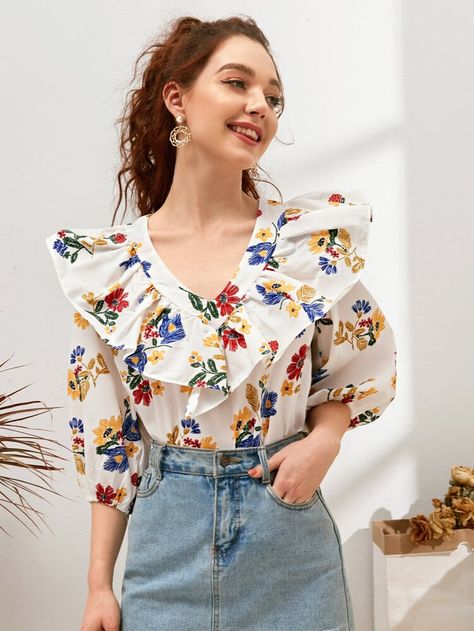 Fashion Tops Blouse Style, Ruffle Blouse Outfit, Floral Blouse Outfit, Fall Blouses, Women Ruffle Blouse, Fashion Top Outfits, Fashion Tops Blouse, Blouse Outfit, Shein Tops