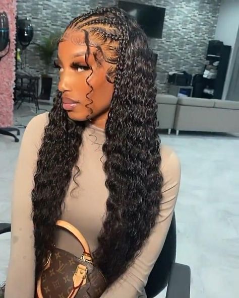 Half Curly Half Braided, Braid In The Front Curly In The Back, Half Braids Half Sew In Weave Curly, Feed In Braids With Curly Hair, Braided In The Front Curly In The Back, Half Weave Half Braids, Braids In Front Curly Hair In Back, Half Feed In Braids Half Sew In Curly, Half Head Braids