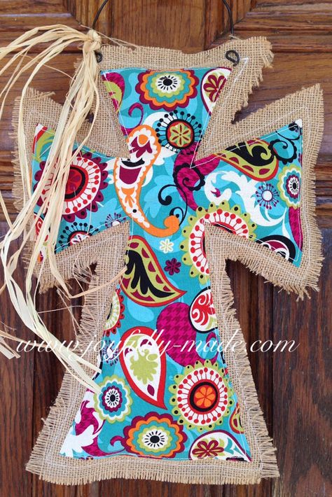 Burlap Cross Door HangerBlue Paisley by joyfullymadeboutique Burlap Cross, Cross Door Hangers, Burlap Door Hanger, Burlap Door Hangers, Burlap Projects, Burlap Door, Burlap Decor, Diy Burlap, Cross Crafts