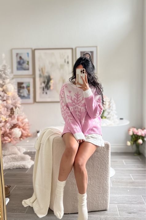 My coziest pink snowflake sweater is 30% off! Sweaters, pink sweater, christmas pink sweater, pink holiday sweater, snowflake sweater, sale on sweater, pink snowflake sweater, graphic sweater Pink Christmas Sweater Outfit, Pink Christmas Outfits Women, Pink Christmas Outfits, Pink Christmas Outfit, Christmas Sweater Outfit, Pink Sweater Outfit, Snowflake Graphic, Christmas Sweater Outfits, Sweater Graphic