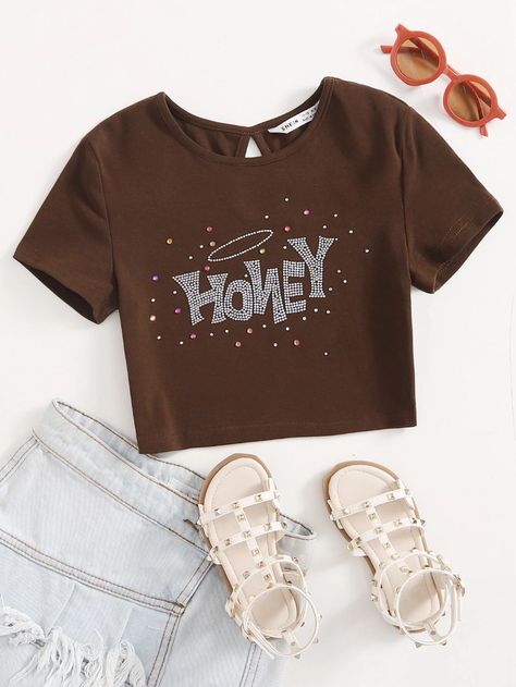 SHEIN Girls Rhinestone Honey Top | SHEIN USA Shein Tops Shirts, Honey Shirt, Girls Crop Tops, Shein Outfits, Brown Outfit, Fashionista Clothes, Shirts For Teens, Cute Crop Tops, Tween Outfits