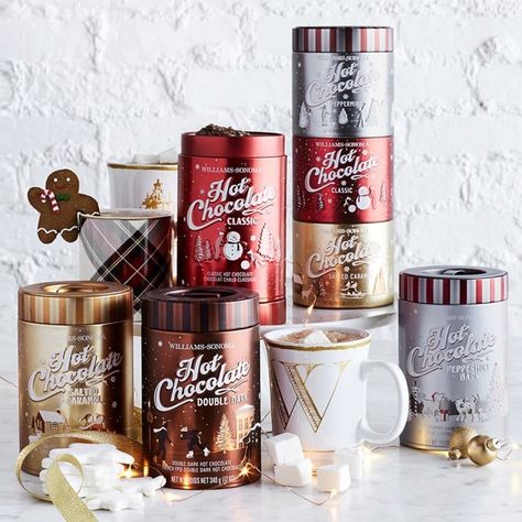 A Hot Chocolate Trio: Williams Sonoma Hot Chocolate Sampler Cocoa Packaging, Packaging Hampers, Peppermint Whipped Cream, Foodie Gift Ideas, Salted Caramel Hot Chocolate, Classic Hot Chocolate, Hanukkah Dinner, Christmas Food Gifts, Christmas Dinner Table