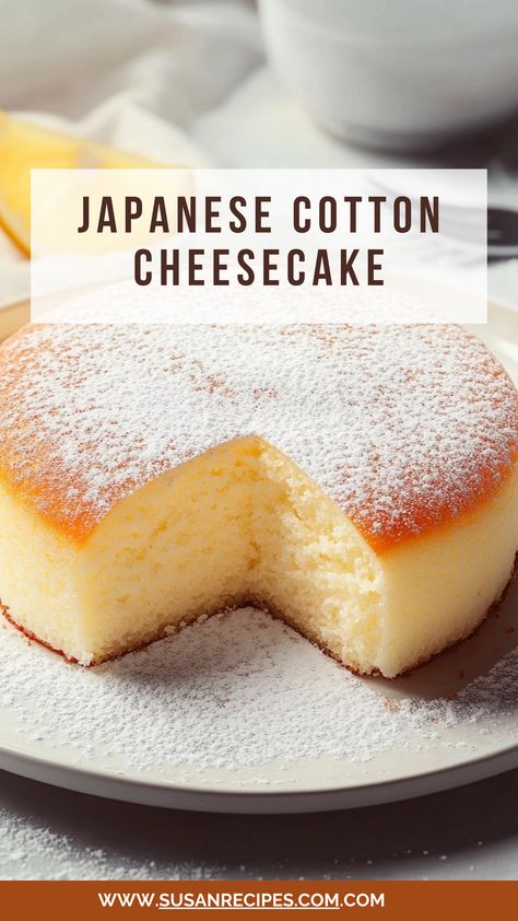 Soft, airy, and light as a cloud—this Japanese Cheesecake is a dreamy dessert that melts in your mouth! 🍰☁️ #JapaneseCheesecake #FluffyDelight #MeltInYourMouth #CloudLike #CheesecakeLovers #JigglyPerfection #DessertGoals #LightAndFluffy #SweetIndulgence #BakingBliss Authentic Japanese Dessert Recipes, Japanese Cloud Cake Recipe, Asian Fusion Dessert, My Melody Dessert, Japanese Castella Cake Recipe, Japanese Deserts Recipe, Japanese Food Recipes Desserts, Mochi Cheesecake, Jelly Dessert Ideas