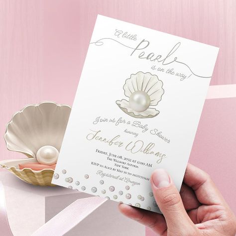 Pearl Themed Party, Seashell With Pearl, Pearl Core, Pearl Invitations, Pearl Baby Shower, Pearls Decor, Baby Shower Jewelry, Mermaid Baby Shower Invitations, Gender Neutral Invitations