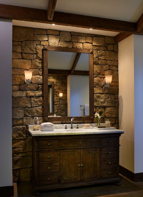 Bathroom Stone Wall, Rustic Bathroom Remodel, Shower Remodel Diy, Small Shower Remodel, Stone Accent Walls, Bathroom Addition, Rustic Shower, Rustic Wall Mirrors, Dark Wood Cabinets