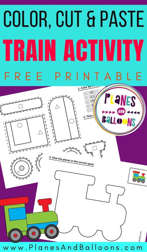 Free printable train worksheets for preschool - color by shape, cut and paste activity to practice fine motor skills. #prek #planesandballoons Train Activities For Toddlers, Color By Shape, Prek Printables, Preschool Transportation Crafts, Trains Preschool, November Preschool, Preschool Transportation, Transportation Preschool Activities, Education Printables