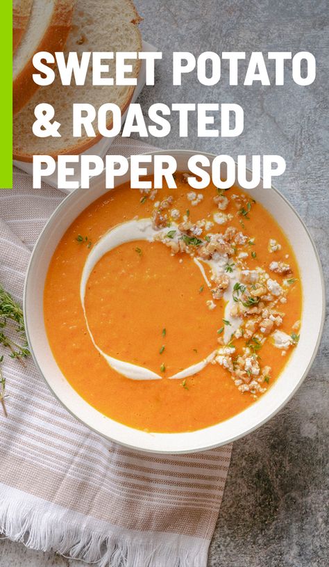 Sweet Potato Soups, Sweet Potato Roasted, Yummy Soup Recipes, Cream Of Anything, Roasted Pepper Soup, Sweet Potatoes Recipes, Potato Roasted, Cholesterol Friendly Recipes, Thanksgiving Host