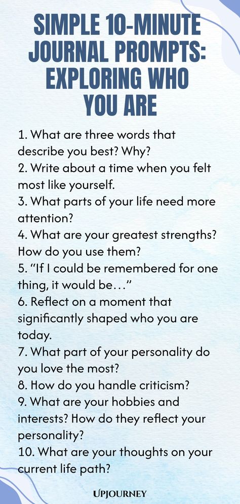 Embark on a self-discovery journey with these simple 10-minute journal prompts designed to help you explore the depths of who you are. These insightful prompts are perfect for introspection and personal growth. Take a few minutes each day to reflect and gain better understanding of yourself. An easy and effective way to cultivate self-awareness and nurture your personal development. Try out these quick prompts and dive into the process of uncovering more about your true self. Prompt Questions Journal Ideas, Work Etiquette, Psychology Terms, Relationship Quizzes, Journal Questions, Journal Inspiration Writing, Happiness Journal, Practicing Self Love, Friendship And Dating