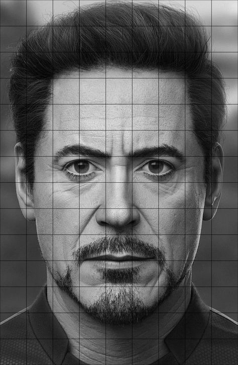 Warrior Pencil Drawing, Realistic Man Drawing, Potrait Paintings Pencil, Tony Stark Sketch, Tony Stark Drawing, Grid Portrait, Grid Sketch, Iron Man Sketch, Human Face Sketch