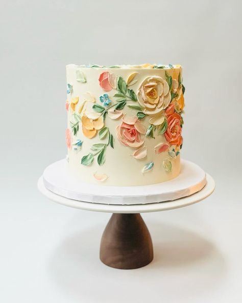 Cake With Painted Flowers, Palette Knife Cake, Adult Birthday Cake, Palette Cake, Single Tier Wedding Cake, Nice Cakes, Cake Techniques, Honey Suckle, Single Tier Cake