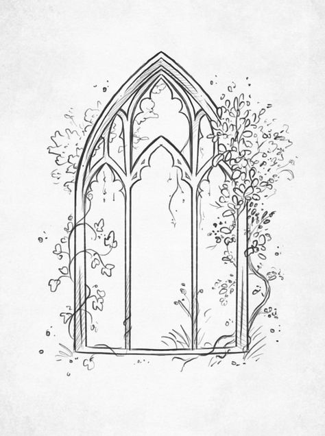 Stained Glass Art Tattoo, Castle Window Drawing, Arched Window Tattoo, Flowers And Vines Drawing, Garden Gate Tattoo, Stained Glass Window Drawing, Wishing Well Tattoo, Fairy Door Drawing, Glass Window Tattoo