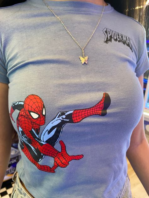 Spiderman Baby Tee, Lily Calloway, Butterfly Jewellery, Spiderman Shirt, Spiderman Theme, Instagram Outfits, Streetwear Fashion Women, Silver Butterfly, Jewelry Outfit