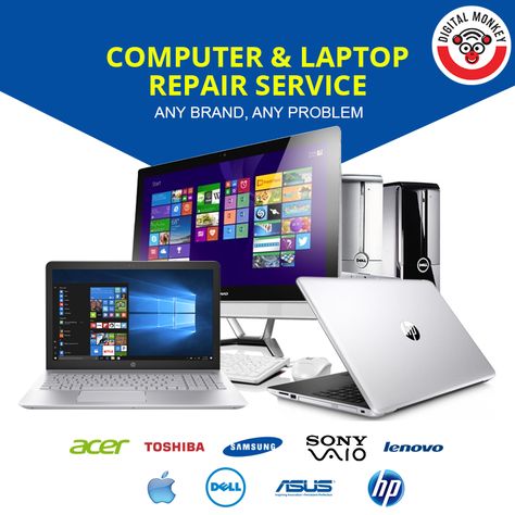 We are providing all kind of Computer Repair Services for both desktop and laptop computers. Chip Level Laptop services is also Available. Affordable Cost.....!!!!!! Call us now @ 09747212211 for more details. #DigitalMonkey #DigitalShop #ComputerRepair #LaptopRepair #DesktopRepair #ComputerServices Computer Repair Business, Cell Phone Repair Shop, Shop Banner Design, Computer Repair Shop, Computer Parts And Components, Computer Maintenance, Computer Repair Services, Laptop Design, Computer Shop