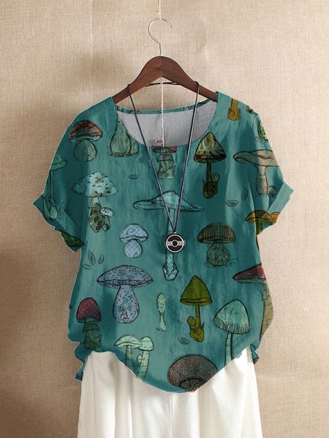 Cartoon Mushroom Short Sleeve O-neck Casual T-Shirt For Women Cartoon Mushroom, Print Shirts Women, Folk Fashion, Short Sleeve Pattern, Vintage Casual, T Shirt For Women, Casual T Shirt, Quartz Ring, Sleeves (women)