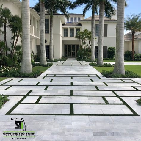 Driveways With Pavers, Beach Front Landscaping Ideas, Turf Driveway, Driveway Design Layout, House Driveway Ideas, Concrete With Turf In Between, Modern Driveway Entrance, Modern Driveway Design, Turf And Travertine Backyard