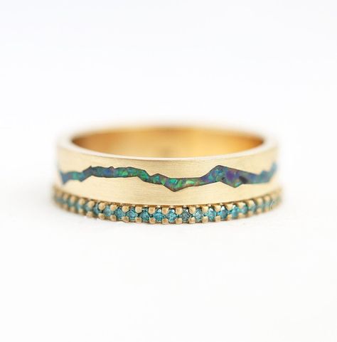 Inlay Engagement Ring, Opal Inlay Ring, Opal Band Ring, Blue Wedding Band, Opal Wedding Band, Crushed Diamonds, Flawless Diamond, Mountain Lover, Opal Band