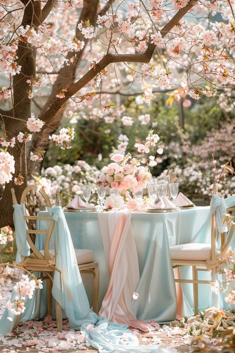 Embrace the romance of the season with this serene snapshot 🌸. A dreamy outdoor setting captures chair sashes dancing in the breeze among blooming flowers 🌼💐. Perfect for spring wedding inspiration! #SpringWedding #WeddingInspiration #PastelDecor #CherryBlossoms #OutdoorWedding #WeddingIdeas #FloralArrangement #BridalBeauty Spring into love and elegance. Wedding Cherry Blossom, Chair Covers Wedding, Spring Wedding Inspiration, Pastel Decor, Chair Sashes, Outdoor Setting, Wedding Chairs, Bridal Beauty, Blooming Flowers