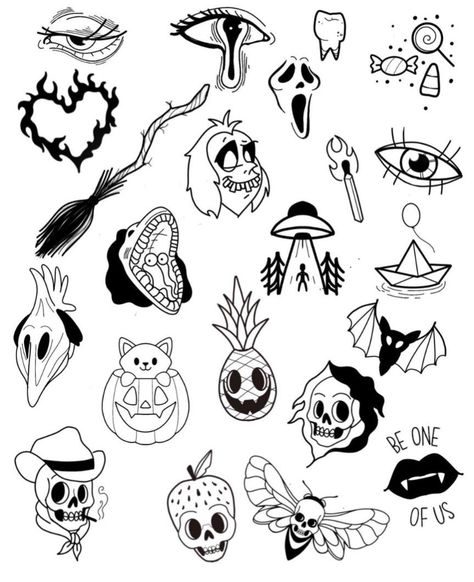 Simple Cartoon Tattoo Designs, Flash Sheets Simple, Horror Flash Tattoo Designs, Ghost Face Flash Tattoo, Basic Tattoo Flash, Cute Halloween Flash Tattoo, Space Flash Tattoo, Halloween Tattoo Ideas Simple, Simple Flash Sheet