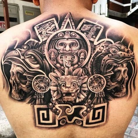 Mexicano Tattoos, Aztec Back Tattoo, Tattoos With Deep Meaning, Aztec Warrior Tattoo, Aztec Tattoos Sleeve, Azteca Tattoo, Aztec Drawing, Lion Art Tattoo, Backpiece Tattoo