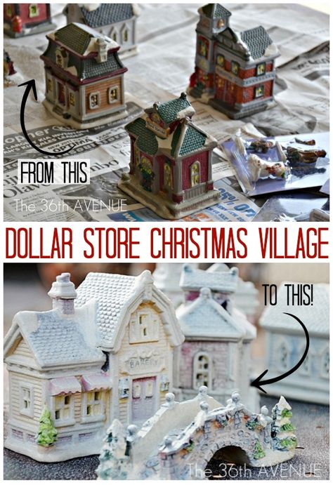 Christmas Craft - Dollar Store Christmas Village. Amazing what a little paint can do. Tutorial at the36thavenue.com Dollar Store Christmas Village, Diy Christmas Treats, Diy Christmas Village, Christmas Village Display, Dollar Store Christmas, Dollar Tree Christmas, Paint Can, Christmas Villages, Noel Christmas