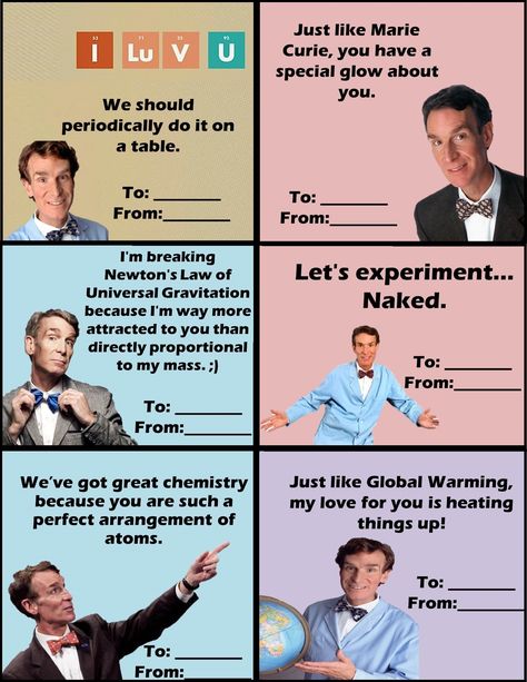 (1) Bill Nye the science guy valentines cards. - Album on Imgur Geek Valentine, Bill Nye The Science Guy, Science Valentines, Nerdy Humor, Nerd Jokes, Funny Valentines Cards, Science Rules, Nursing Student Tips, Bill Nye