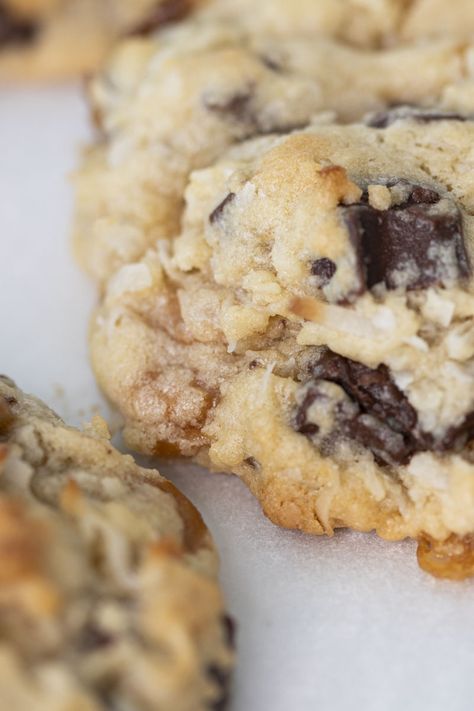 Levain Bakery Style Caramel Coconut Chocolate Chip Cookies with Si Foster — Orson Gygi Blog Caramel Coconut, Coconut Chocolate Chip Cookies, Levain Bakery, Caramel Bits, Coconut Chocolate, Coconut Caramel, Chocolate Coconut, Cake Flour, Creamy Chicken