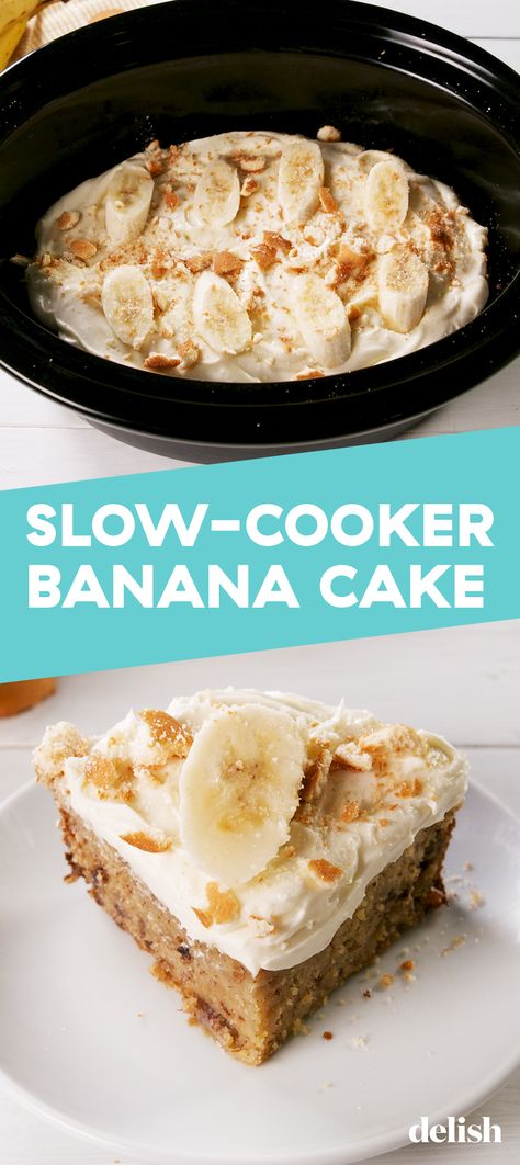 PSA: You can make the BEST banana cake in your slow cooker 🍌 Get the recipe at Delish.com. #recipe #easy #easyrecipes #delish #cake #slowcooker #banana #dessert Crockpot Baking, Crockpot Cake Recipes, Crockpot Dessert, Crockpot Desserts, Budget Desserts, Recipe Banana, Crock Pot Desserts, Banana Cake Recipe, Slow Cooker Desserts