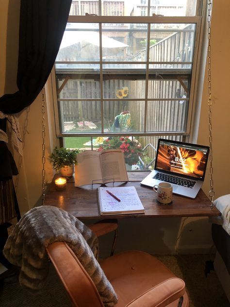 Collapsable window sill desk. Perfect for small bedroom. Desk By The Window Aesthetic, One Window Small Bedroom Ideas, Small Room With Big Window, Desk At Window Bedroom, Desk Against Window Aesthetic, Small Desk By Window, Desk Setup By Window, Desk By Window Aesthetic, Desk Near Window Aesthetic