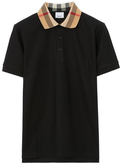 checkered-collar cotton polo shirt from BURBERRY featuring black, cotton, check print, contrasting collar, polo collar, front button placket, short sleeves and straight hem. This item is in size L and the color is Black Burberry T Shirt, Black Polo Shirt, Black Polo, Contrast Collar, Cotton Polo Shirt, Burberry Men, Cotton Polo, Polo Collar, Stylish Men