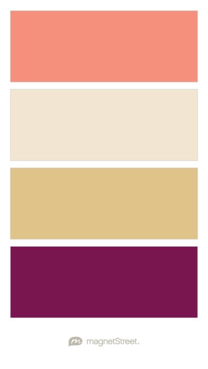 Coral, Champagne, Gold, and Sangria Wedding Color Palette - custom color palette created at MagnetStreet.com Wedding Colors Peach, Champagne Wedding Colors, Custom Refrigerator, Gold Wedding Colors, Coral Wedding, Theme Color, Coral And Gold, Coral Peach, Peach Wedding