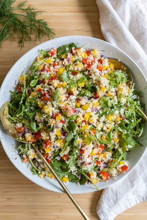 A fresh, colorful, healthy AND super easy Couscous Salad. It makes a great side salad for a barbeque dinner, potluck, to bring with friends, or simply as meal prep bowls for the week's lunch. Dinner Potluck, Making Couscous, Prep Bowls, Lunch Bowl, Couscous Salad, Large Salad Bowl, Meal Prep Bowls, Vegetarian Cooking, How To Cook Quinoa