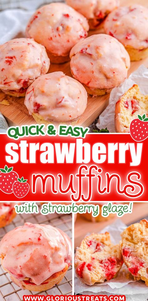 These scrumptious Strawberry Muffins are studded with juicy strawberries and topped with a sweet strawberry glaze that is sure to delight your taste buds. Wonderfully tender and moist, these muffins are the perfect addition to your weekend brunch or as a quick afternoon treat. A berry delicious treat that is sure to delight! // Glorious Treats Fruit Cocktail Muffins Recipe, Strawberry Muffins Easy, Homemade Strawberry Muffins, Strawberry Cream Cheese Muffins, Strawberry Shortcake Muffins, Muffin Mix Recipe, Spring Foods, Strawberry Muffin Recipes, Cake Mix Muffins