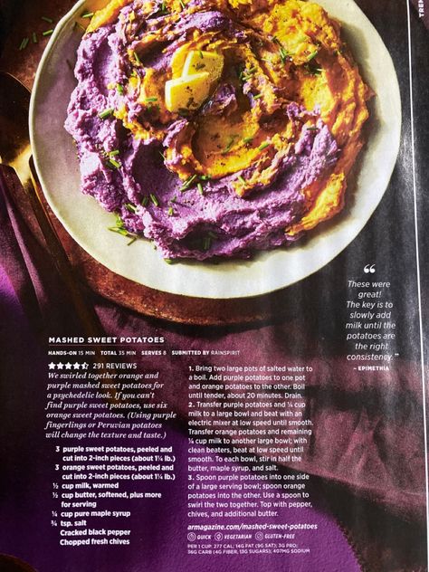 Purple Mashed Potatoes, Orange Sweet Potatoes, Purple Potatoes, Purple Sweet Potatoes, Fresh Chives, Orange Recipes, Mashed Sweet Potatoes, Pure Maple Syrup, Roasted Sweet Potatoes