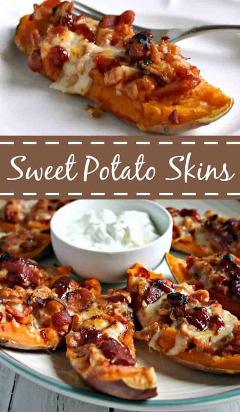 Sweet Potato Skins, a hearty appetizer filled with smoked turkey, white cheddar, and bacon Sweet Potato Skins, Loaded Sweet Potato, Potato Skins, White Cheddar, Smoked Turkey, Sweet Potato Recipes, Clean Eating Snacks, Appetizer Snacks, Fall Recipes