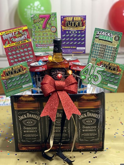 #Lotto #jackdaniels #giftideasforhim #AlcoholDrinks #21stbirthday #LottoAndLiquor Alcohol Basket, 21st Birthday Beer Cake, Liquor Gift Baskets, Birthday Beer Cake, Guys 21st Birthday, Liquor Gifts, Sports Tshirt Designs, 21st Birthday Cakes, Sorority Canvas